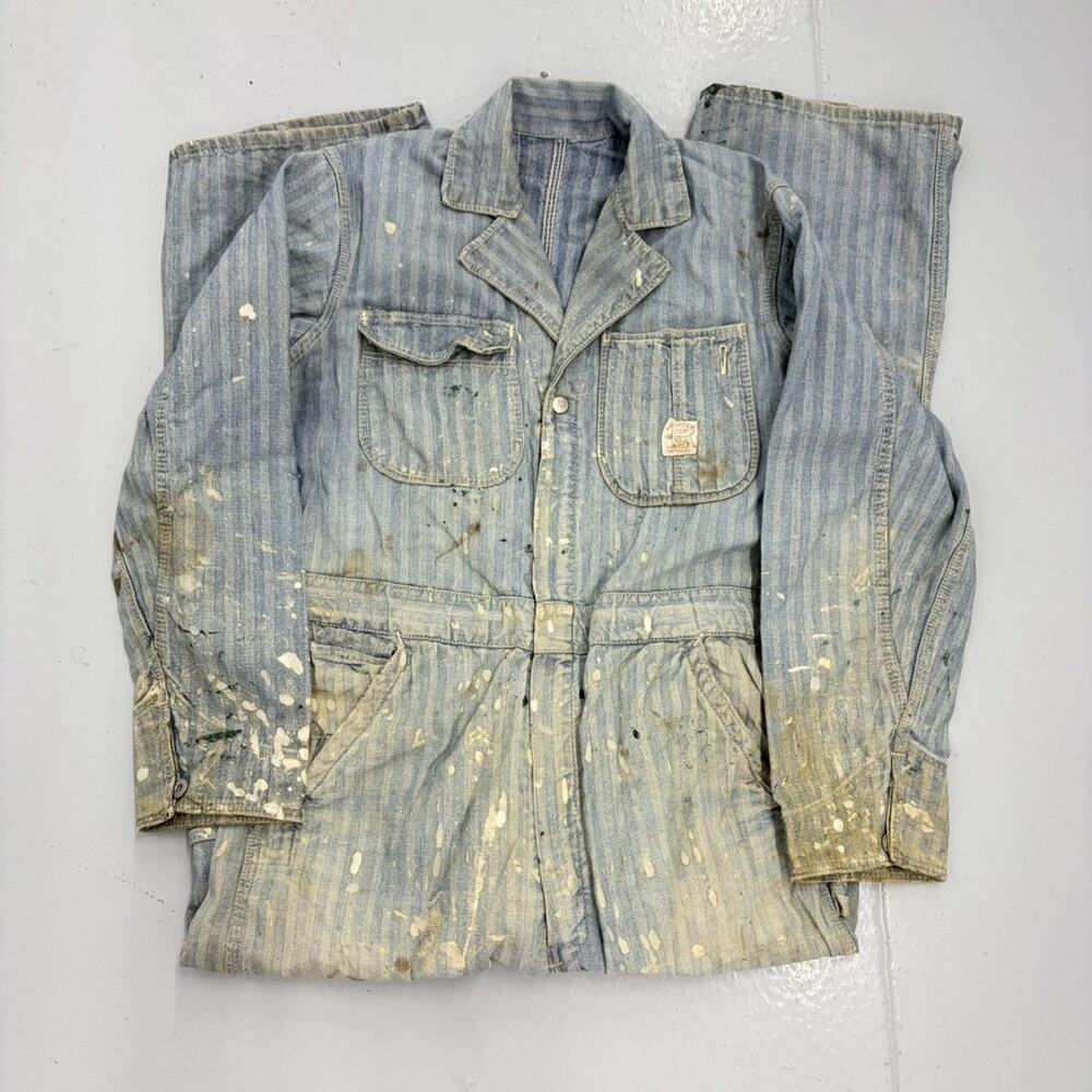Vintage 60s Pointer Hickory Stripe Paint Splatter Coveralls
